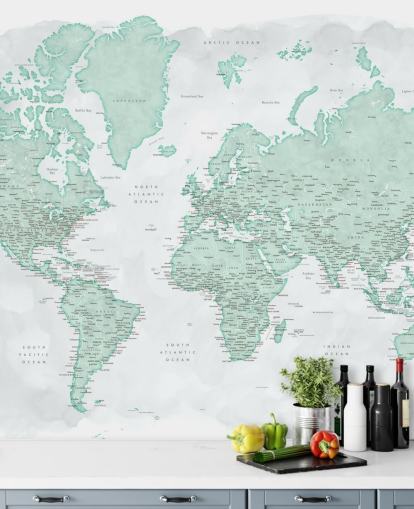 papier peint carte du monde gris pâle et vert menthe