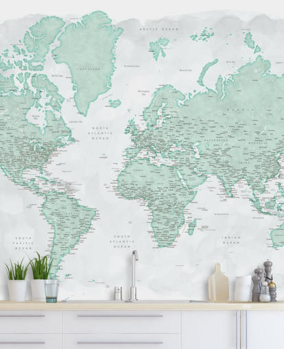 papel de parede do mapa mundial cinza claro e verde menta