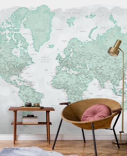 pale gray and mint green world map wallpaper