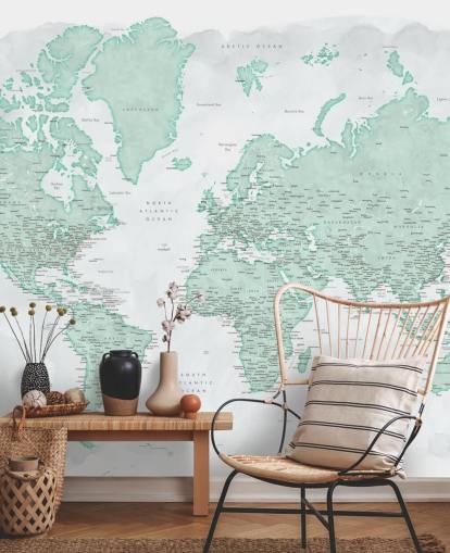 papel de parede do mapa mundial cinza claro e verde menta