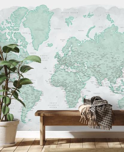 pale gray and mint green world map wallpaper
