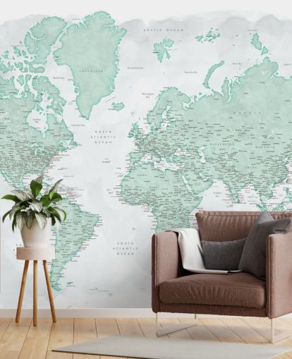 pale gray and mint green world map wallpaper
