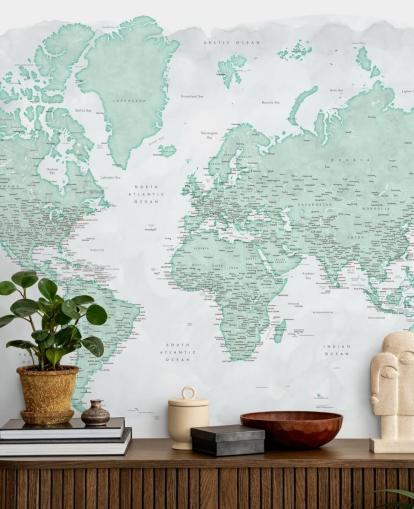 pale gray and mint green world map wallpaper