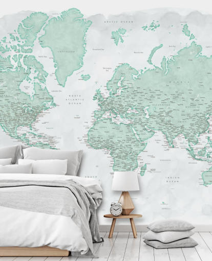 carta da parati con mappa del mondo grigio chiaro e verde menta