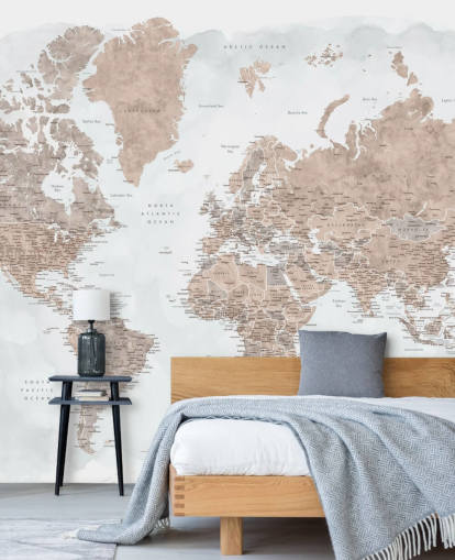 bronzy brown and pale grey watercolour world map wallpaper