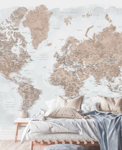 papel pintado de mapa del mundo de acuarela marrón bronce y gris pálido papel pintado de mapa del mundo de acuarela marrón bronce y gris pálido