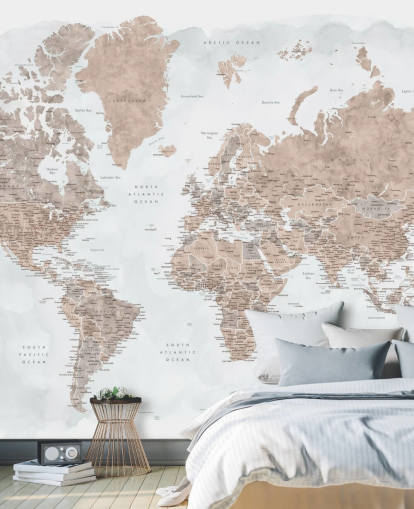 carta da parati con mappa del mondo acquerello marrone e grigio chiaro