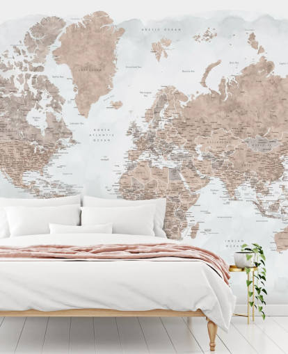 bronzy brown and pale grey watercolour world map wallpaper
