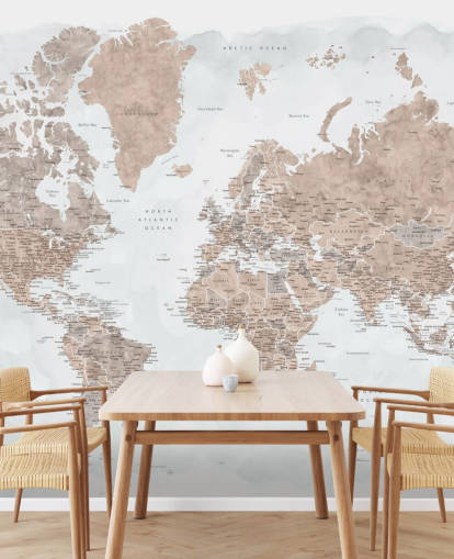 bronzy brown and pale grey watercolour world map wallpaper