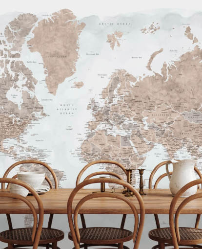 papel pintado de mapa del mundo de acuarela marrón bronce y gris pálido