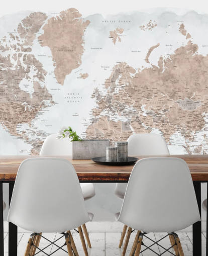 papel pintado de mapa del mundo de acuarela marrón bronce y gris pálido