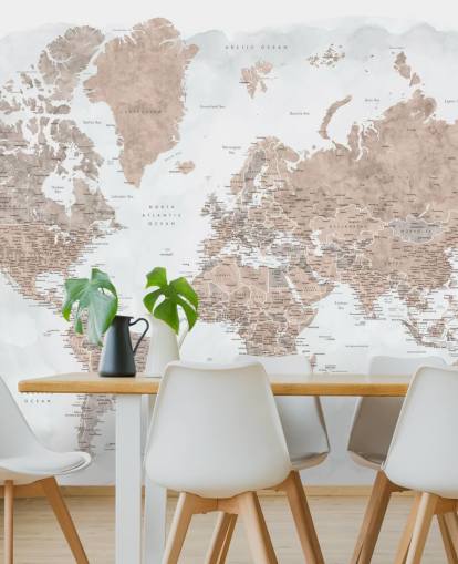 papel pintado de mapa del mundo de acuarela marrón bronce y gris pálido