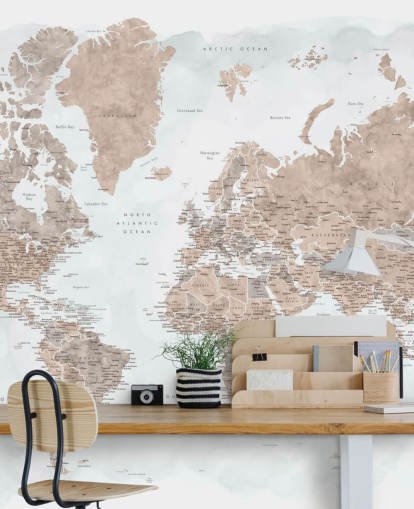 papel pintado de mapa del mundo de acuarela marrón bronce y gris pálido papel pintado de mapa del mundo de acuarela marrón bronce y gris pálido