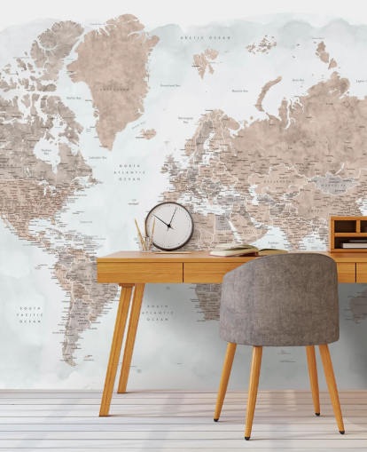 papel pintado de mapa del mundo de acuarela marrón bronce y gris pálido papel pintado de mapa del mundo de acuarela marrón bronce y gris pálido