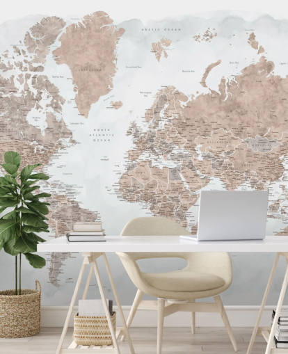 bronzy brown and pale grey watercolour world map wallpaper