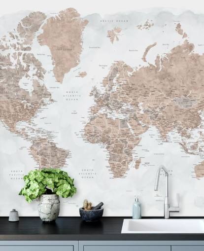 bronzy brown and pale grey watercolour world map wallpaper