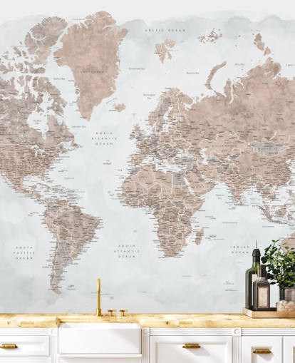 papel pintado de mapa del mundo de acuarela marrón bronce y gris pálido