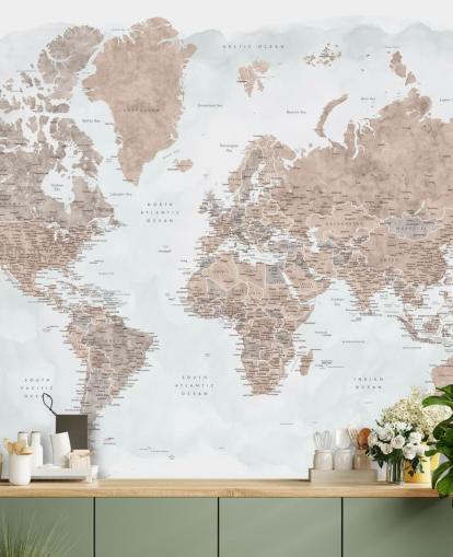 bronzy brown and pale grey watercolour world map wallpaper