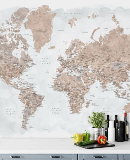 carta da parati con mappa del mondo acquerello marrone e grigio chiaro