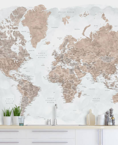 bronzy brown and pale grey watercolour world map wallpaper