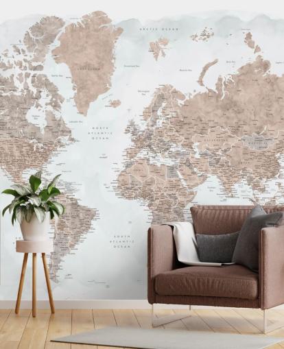 carta da parati con mappa del mondo acquerello marrone e grigio chiaro