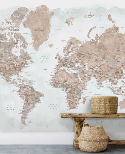 carta da parati con mappa del mondo acquerello marrone e grigio chiaro