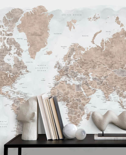 papel pintado de mapa del mundo de acuarela marrón bronce y gris pálido