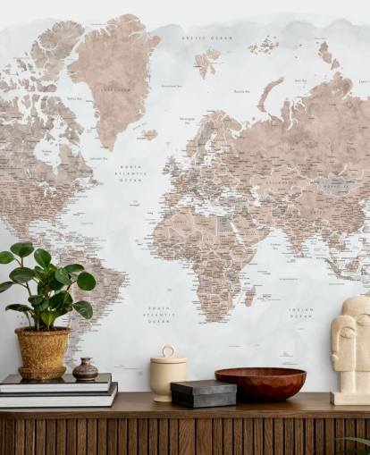 papel pintado de mapa del mundo de acuarela marrón bronce y gris pálido