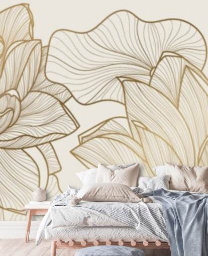 off white and gold lotus illustration wallpaper