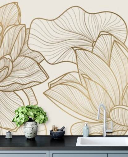 off white and gold lotus illustration wallpaper