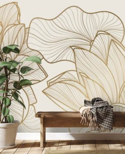 off white and gold lotus illustration wallpaper