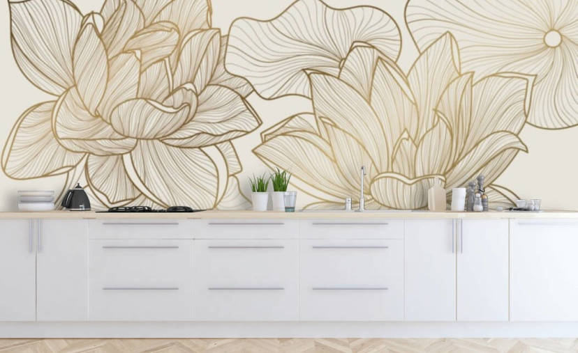 off white and gold lotus illustration wallpaper