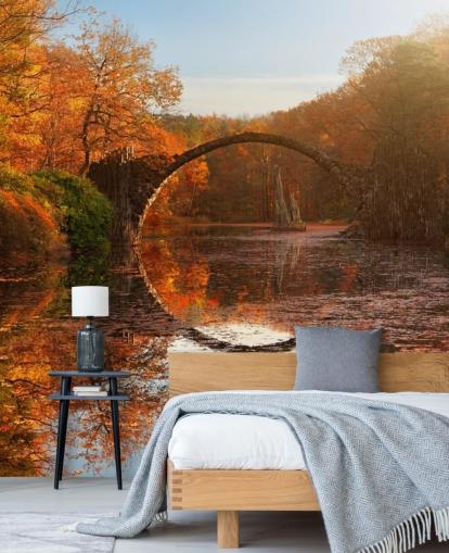 mural de parede de reflexão de floresta alaranjada com ponte de pedra chamado Autumn Lake da 1x Photography para cozinhas, banheiros e quartos
