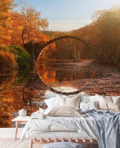 orange woodland with stone bridge reflection wall mural called Autumn Lake by 1x Photography for kitchens, bathrooms and bedrooms
