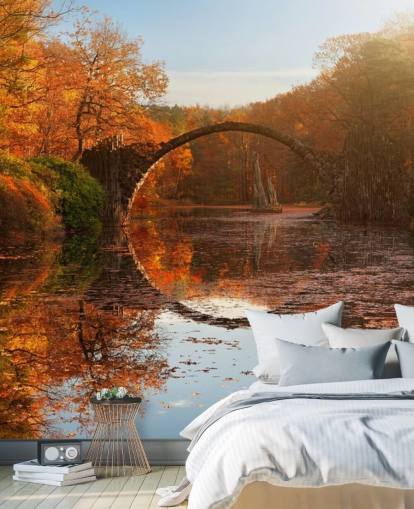 orange woodland with stone bridge reflection wall mural called Autumn Lake by 1x Photography for kitchens, bathrooms and bedrooms orange woodland with stone bridge reflection wall mural called Autumn Lake by 1x Photography for kitchens, bathrooms and bedrooms