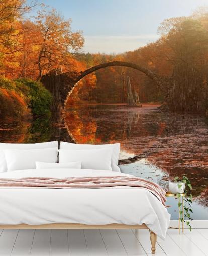 mural de pared reflectante de bosque naranja con puente de piedra llamado Autumn Lake de 1x Photography para cocinas, baños y dormitorios