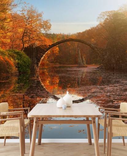 orange woodland with stone bridge reflection wall mural called Autumn Lake by 1x Photography for kitchens, bathrooms and bedrooms