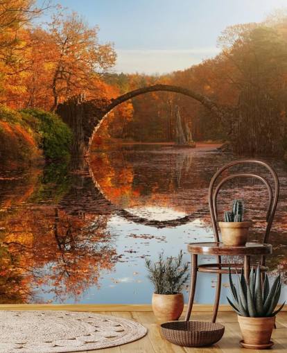 mural de parede de reflexão de floresta alaranjada com ponte de pedra chamado Autumn Lake da 1x Photography para cozinhas, banheiros e quartos