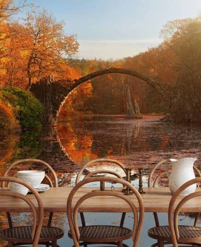Decorazione murale «Autumn Lake» di 1x, motivo: bosco arancione con ponte in pietra, fotografia per cucine, bagni e camere da letto