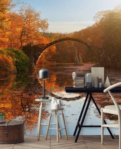 orange skov med stenbro refleksion vægmaleri kaldet Autumn Lake af 1x Photography til køkkener, badeværelser og soveværelser