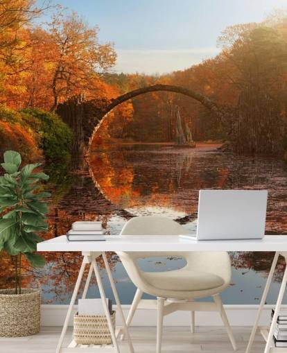 mural de pared reflectante de bosque naranja con puente de piedra llamado Autumn Lake de 1x Photography para cocinas, baños y dormitorios
