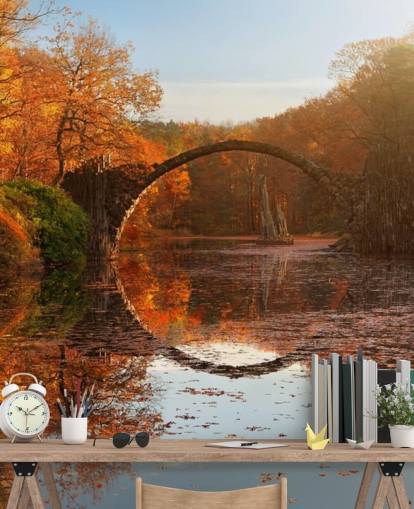 orange woodland with stone bridge reflection wall mural called Autumn Lake by 1x Photography for kitchens, bathrooms and bedrooms