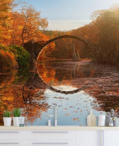 orange woodland with stone bridge reflection wall mural called Autumn Lake by 1x Photography for kitchens, bathrooms and bedrooms