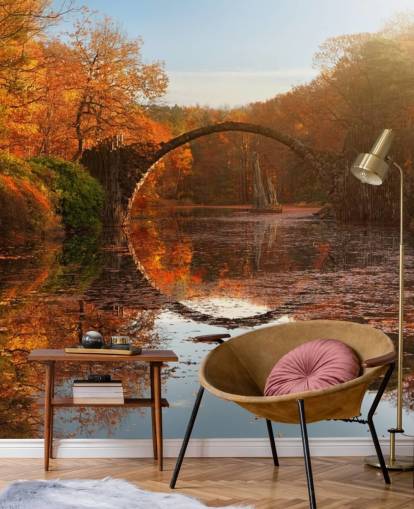 mural de pared reflectante de bosque naranja con puente de piedra llamado Autumn Lake de 1x Photography para cocinas, baños y dormitorios