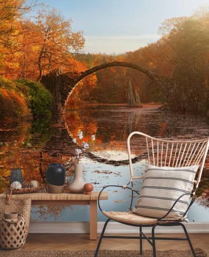 orange woodland with stone bridge reflection wall mural called Autumn Lake by 1x Photography for kitchens, bathrooms and bedrooms