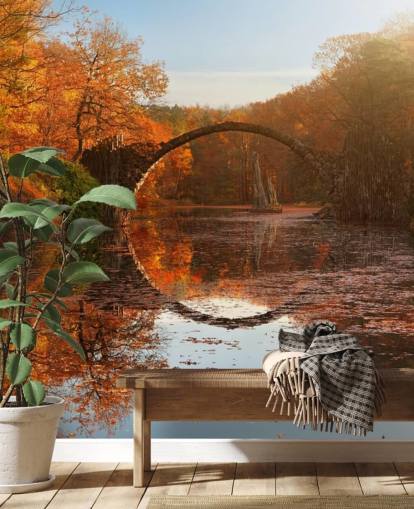 oranje bos met stenen brug, reflectie, muurschildering genaamd Autumn Lake van 1x Photography voor keukens, badkamers en slaapkamers
