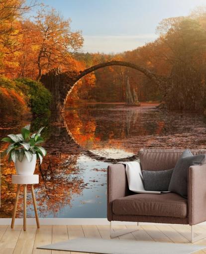 mural de pared reflectante de bosque naranja con puente de piedra llamado Autumn Lake de 1x Photography para cocinas, baños y dormitorios