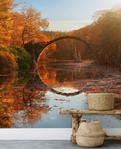 Decorazione murale «Autumn Lake» di 1x, motivo: bosco arancione con ponte in pietra, fotografia per cucine, bagni e camere da letto