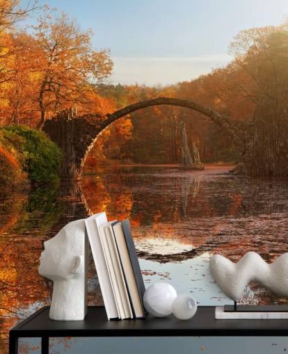 mural de parede de reflexão de floresta alaranjada com ponte de pedra chamado Autumn Lake da 1x Photography para cozinhas, banheiros e quartos