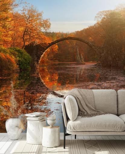 oranssi metsä kivisillan heijastusseinämaalaus nimeltä Autumn Lake by 1x Photography keittiöihin, kylpyhuoneisiin ja makuuhuoneisiin